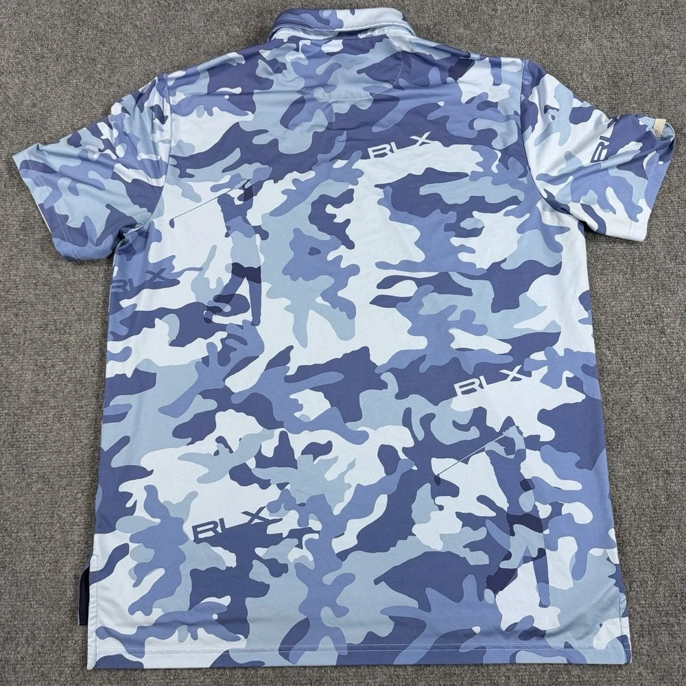 RLX Ralph Lauren Golf Polo Mens Large Blue Camo All Over Print Performance
